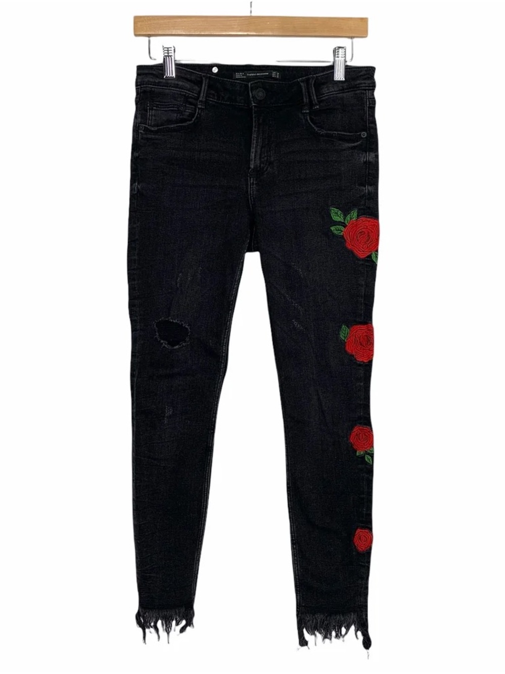 Zara Distressed Rose Embroidered Skinny Jeans